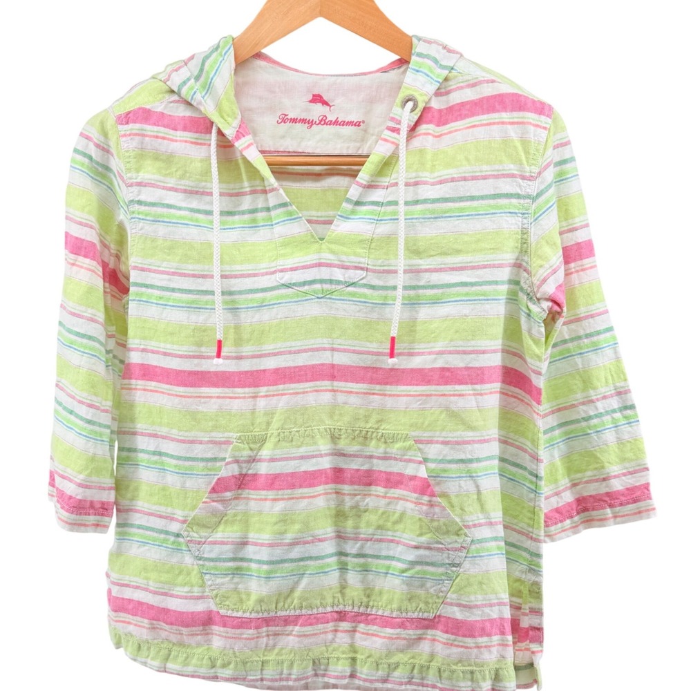 Tommy Bahama Striped Linen Blend Hoodie Pullover  3/4 Sleeve Women sz M *read*‎